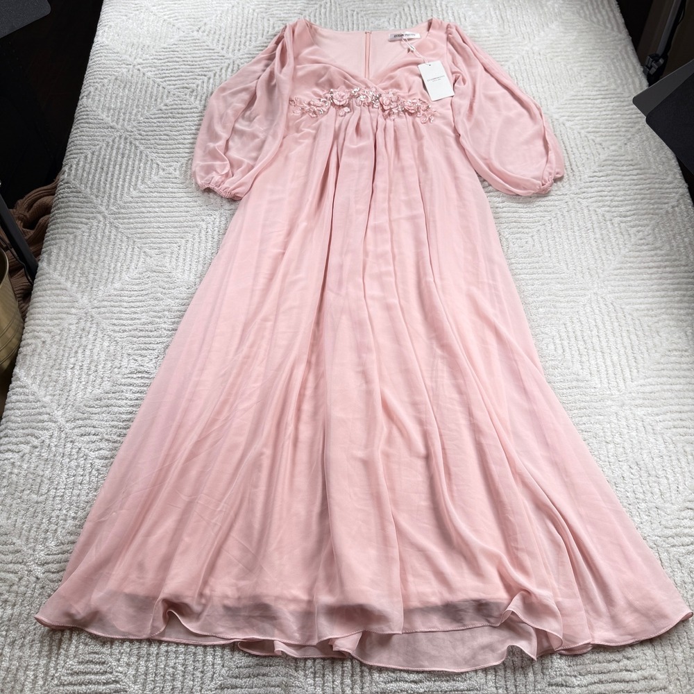 EverPretty Maxi Dress Womens 0 Pink Floral Applique Beaded Chiffon Gown Romantic